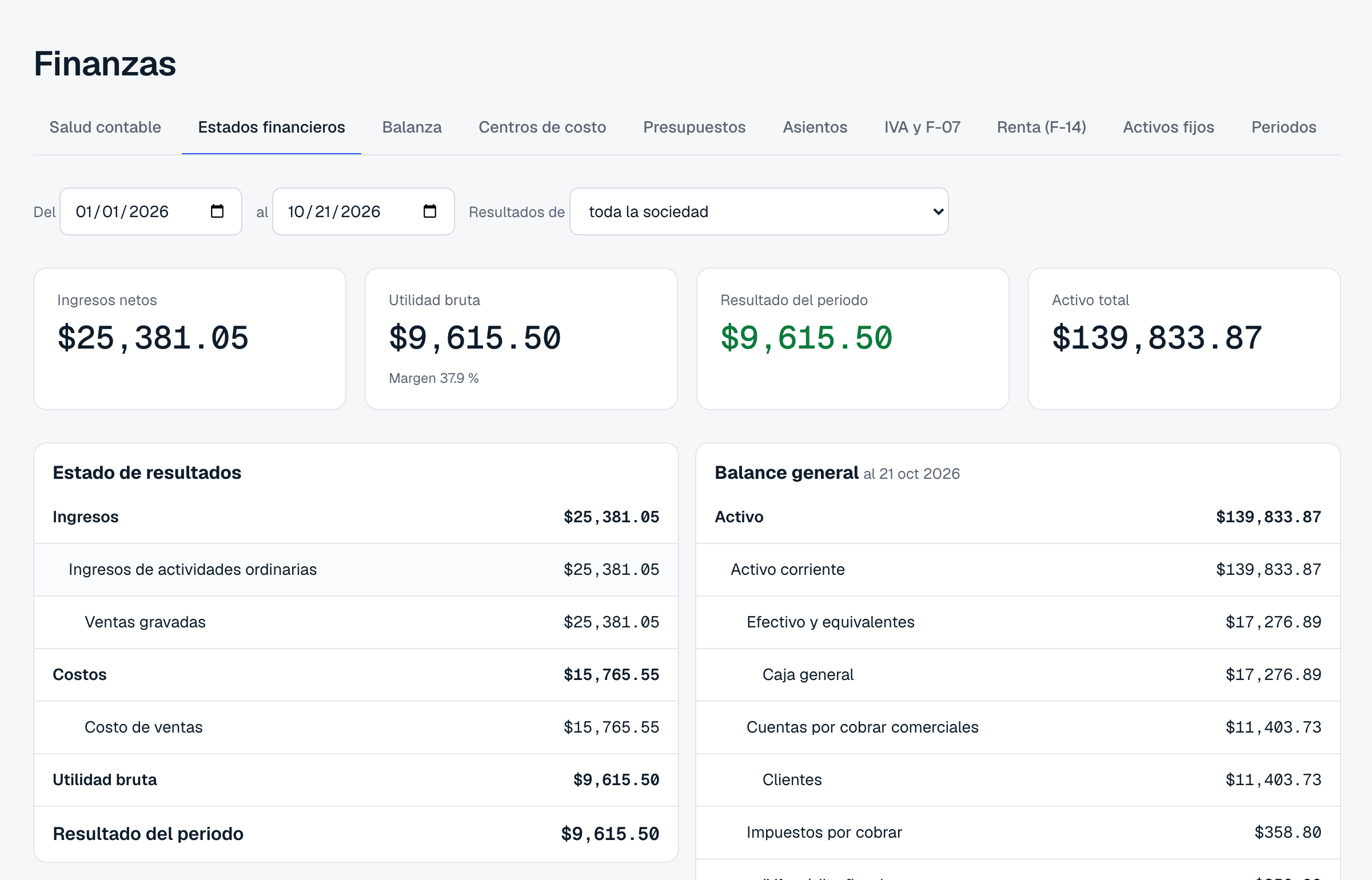 Estado de resultados y balance general en Titan ERP
