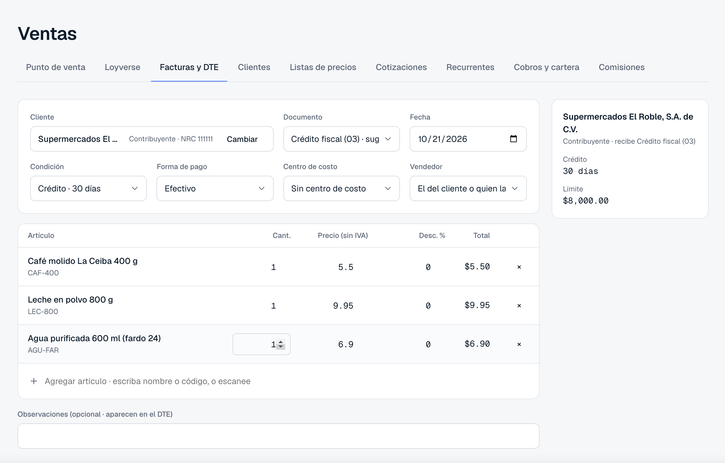 Factura nueva en Titan ERP con cliente, artículos y el cálculo del IVA en vivo