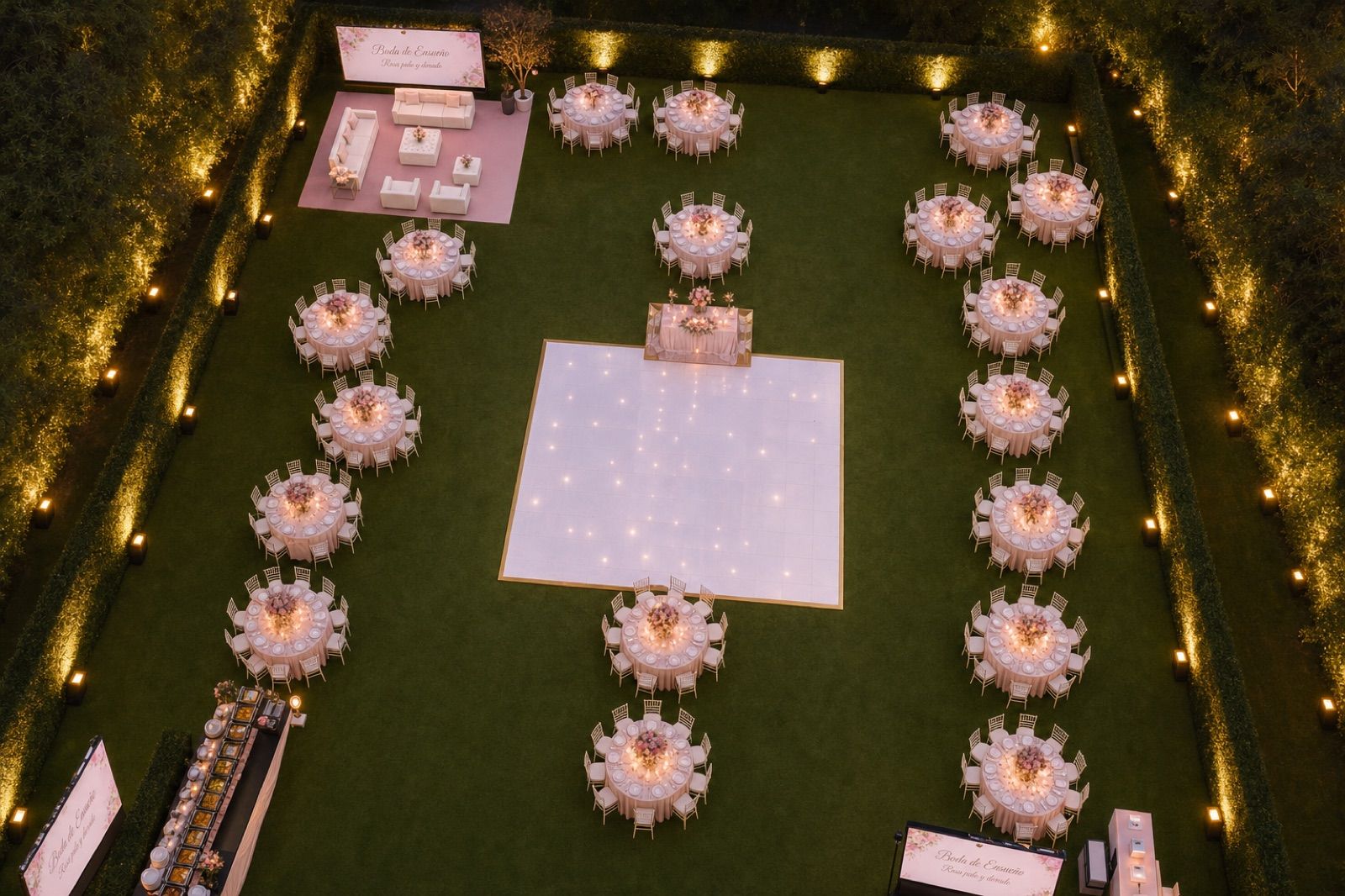 Render de un jardín para boda creado con Titan Eventos