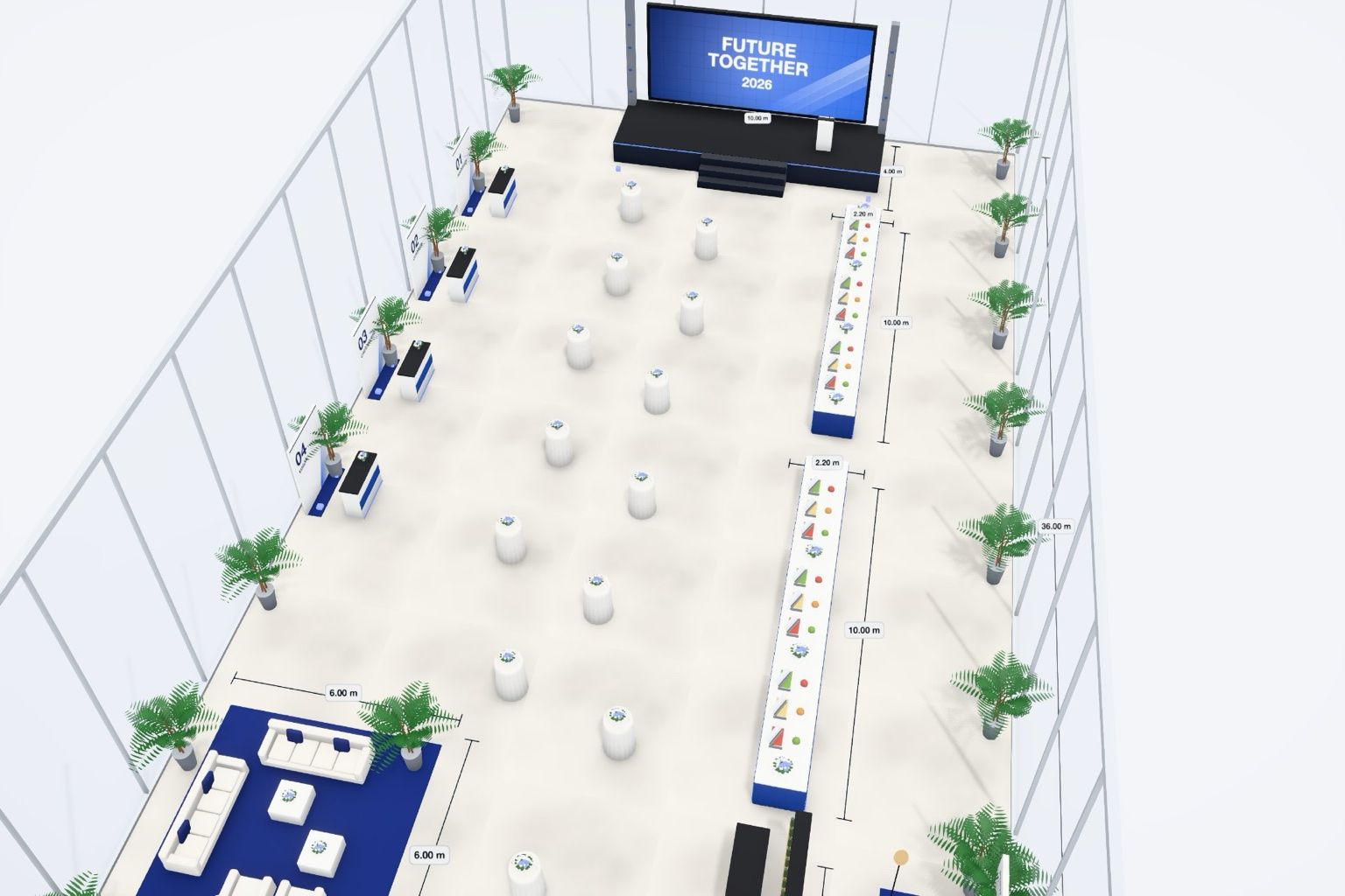 Plano 3D a escala de un evento corporativo en Titan Eventos